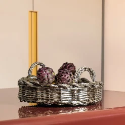 Vassoio decorativo rotondo in metallo placcato intrecciato