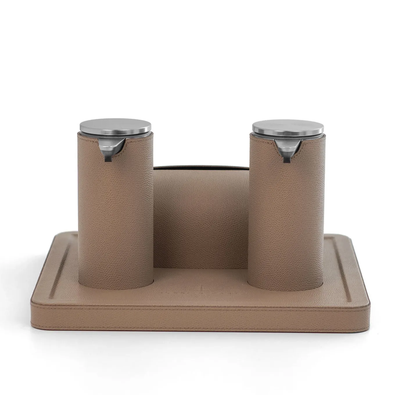 Vassoio in pelle Igea Taupe con 2 dispenser e coperchio per scatola di carta igienica